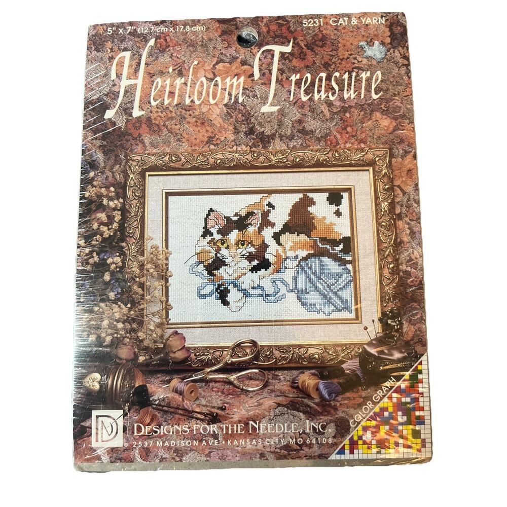 NIB 1992 Heirloom Treasure, Designs for the Needle #5231 Cat & Yarn, 5”x7” Craft